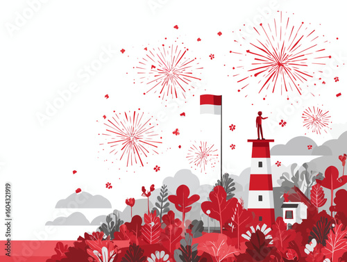 A person on a tower with an Indonesian flag watches celebratory fireworks over a red forest during a national holiday.

