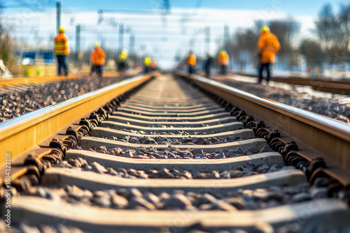 Perspective view of workers along railway tracks during daylight Generative AI