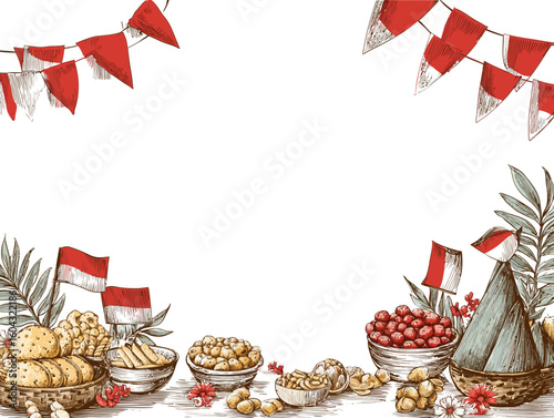 A festive hand drawn illustration border of Indonesian traditional food and flags for an independence day celebration background.