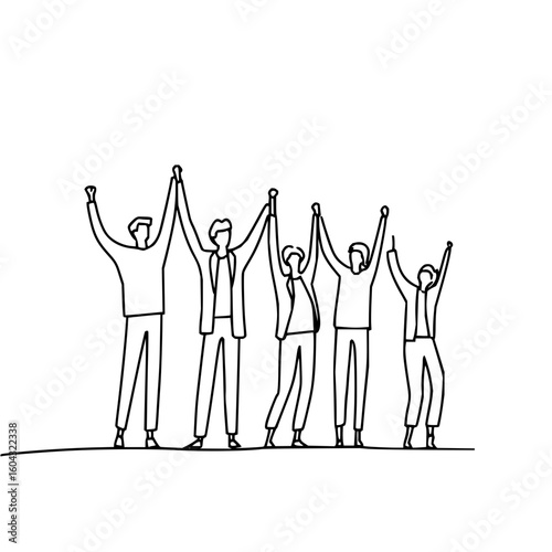 Illustration of a group of five people standing together holding hands up in the air in a line drawing