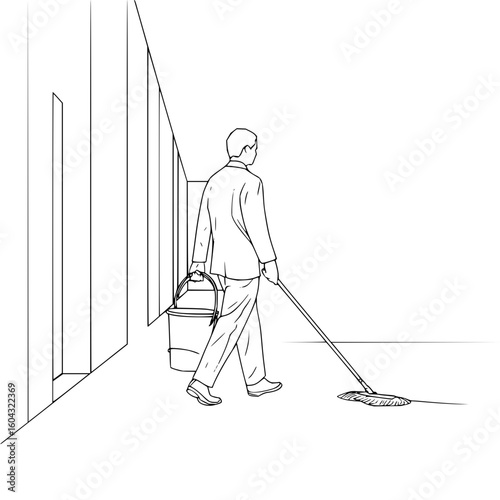 Illustration of a man mopping a floor in a hallway while carrying a bucket viewed from the back side
