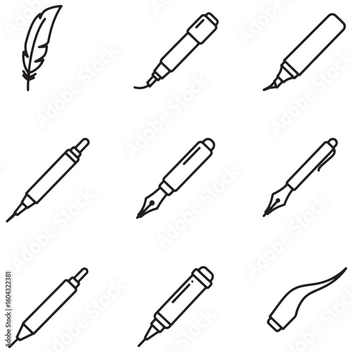 Vector illustration of various writing tools including feather pen and fountain pens isolated