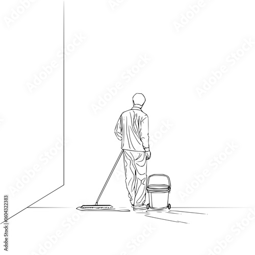 Illustration of a man mopping the floor with a bucket in a room with a corner, viewed from behind and simple