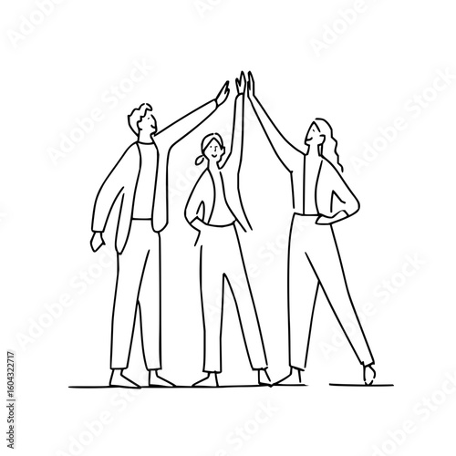 Three people giving a high five in a line drawing wearing casual business attire with a solid ground line