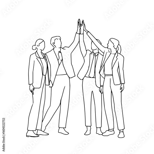 Group of five business people in suits giving a high five in a line art style on a white background