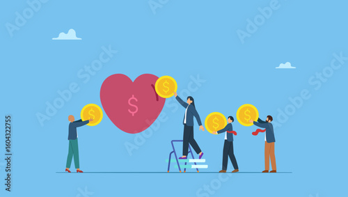 Business people donate to heart shape with dollar sign as non profit charity. Nonprofit charity donation, help or support or community assistance, giving or volunteer, care or sharing friendship.