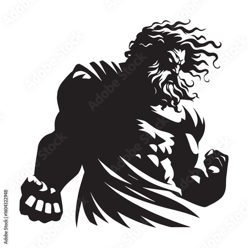 Thunderous Zeus digital black silhouette, showcasing his distinctive and powerful form – Zeus silhouette – Zeus Vector – Silhouette of Zeus – Greek god vector

