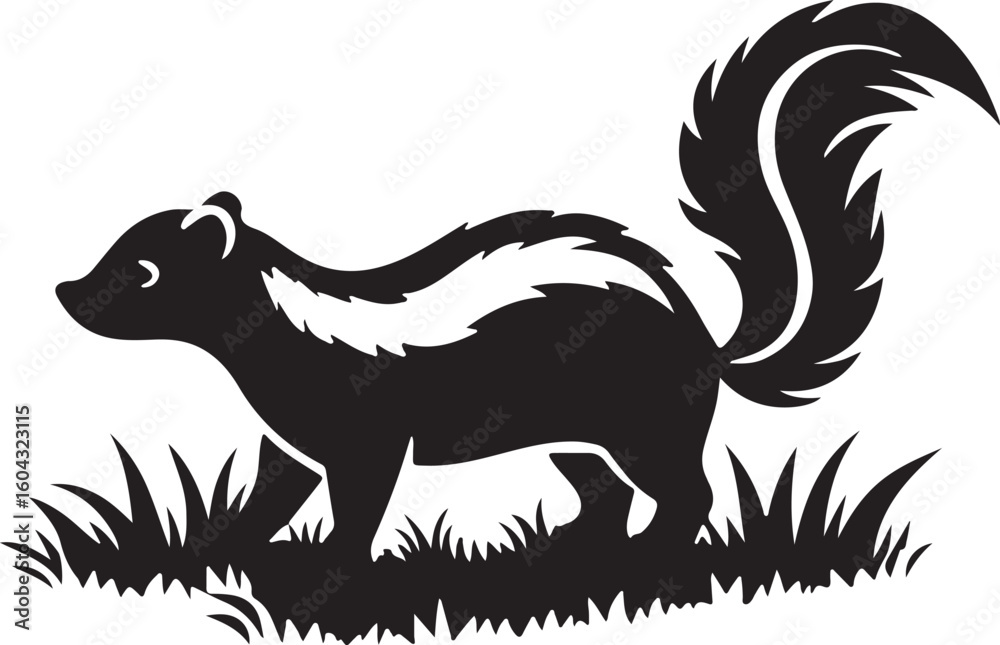 Obraz premium Adorable baby skunk with fluffy tail standing in green grass isolated on transparent background