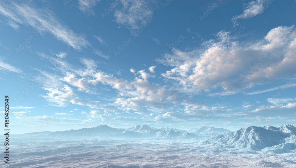 Fototapeta premium Vast, serene landscape of puffy clouds, pale mountains, and a light blue sky