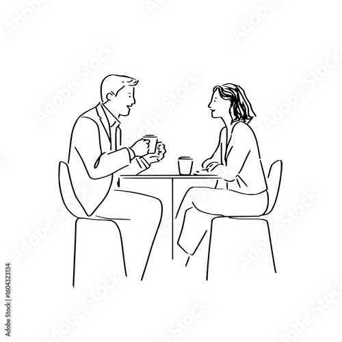 Man and woman at a table having coffee and conversation in a black and white line drawing illustration