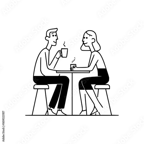 A minimalist line art illustration of a couple sitting at a table drinking coffee on stools together