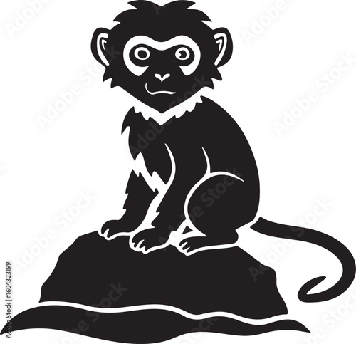 Adorable baby snow macaque with fluffy fur sitting on a warm rock isolated on transparent background