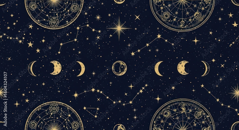 Naklejka premium Celestial Astrology Golden Elements on Dark Blue Seamless Pattern