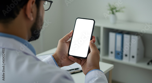 Male doctor gp physician holding mobile cell phone in hands looking at white blank empty mockup smartphone screen working in hospital. Ehealth apps technology mock up concept. Over shoulder view