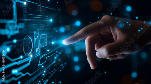 Human Hand Interacting with a Futuristic Digital Interface Filled with Glowing Blue and Orange Data Streams, Representing Cybersecurity, Programming, and Advanced Technology in a High-Tech 
