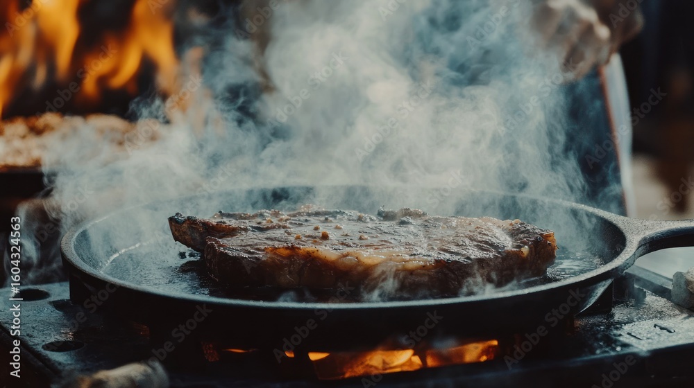 Steak sizzling in a cast iron pan over an open fire Steak sizzling in a cast iron pan over an open fire