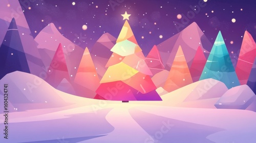 Colorful winter landscape with a bright tree under a starry sky