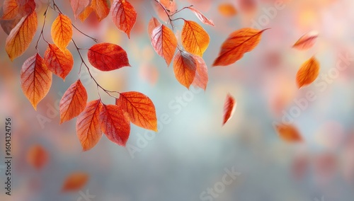 Autumn leaves falling from branches against a soft, light-gray backdrop