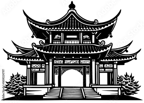 Black and White Chinese Gate Silhouette - Ancient Asian Architecture