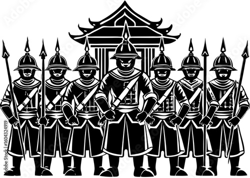 
Black and White Burmese Guards at Palace Gate - Ancient Myanmar Military