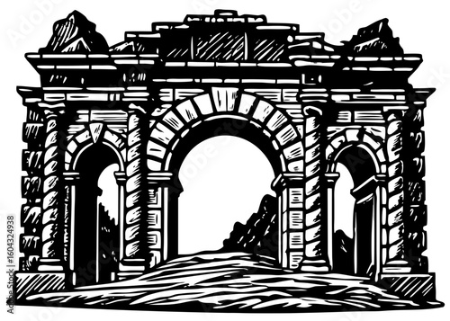 Black and White Ancient Ruin Archway - Mystical Landscape Illustration