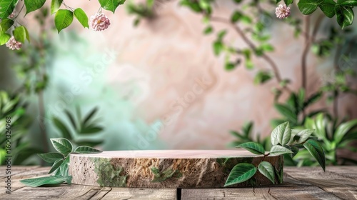Soft Beige Velvet Podium Displaying Organic Skincare Products Amidst Rustic Wood and Lush Greenery