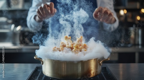 Chef prepares a dish with dry ice, creating a dramatic, smoky effect