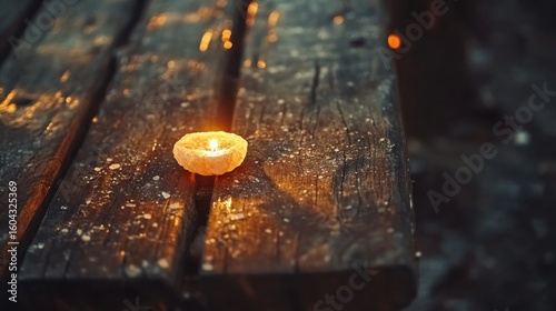 Small candle on weathered wooden picnic table