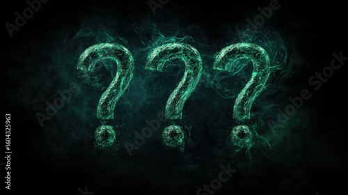 Mysterious glowing question marks against a dark background evoke curiosity