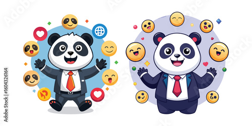 Adorable Corporate Panda Surrounded by Happy Emojis – Cute Business Animal Vector Illustration for Office Humor, Branding, Marketing Materials, and Social Media Content