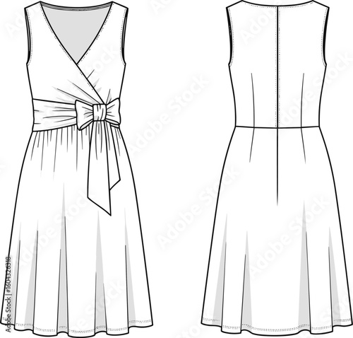 CAD drawing flat vector illustration, wrap bodice dress sketch, bow waist detail, flared skirt silhouette, sleeveless V-neck fashion template