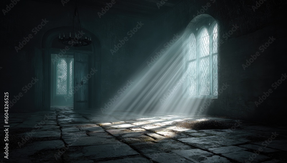 Fototapeta premium Sunlight streams into a dark, ancient hall