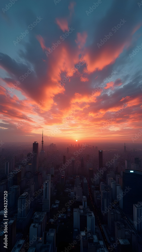 Fototapeta premium Surreal Sunset Skyline Over Futuristic Cityscape