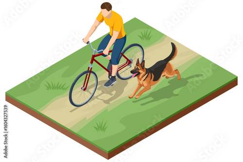 An isometric illustration of a person cycling on a dirt path with a German Shepherd dog running alongside, symbolizing outdoor activity and pet companionship.