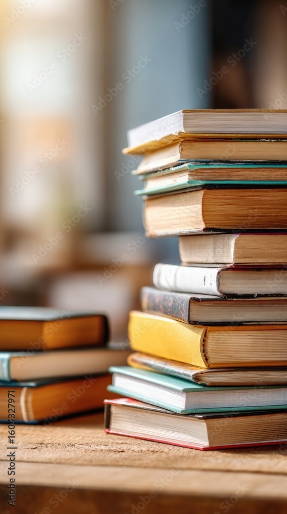 A stacked of academic textbooks and journals arranged on a wooden study desk A stacked of academic textbooks and journals arranged on a wooden study desk