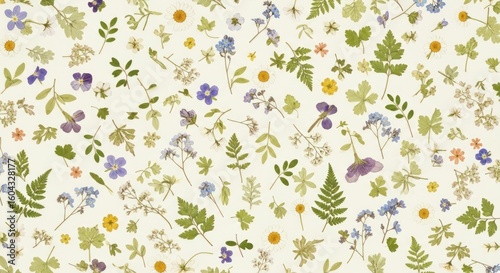 Dried Wildflowers and Leaves Herbarium Botanical Vintage Pattern Background