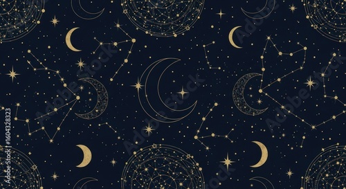 Gold Celestial Constellations Moons Stars on Dark Sky Seamless Pattern