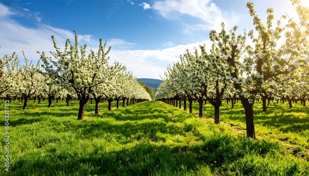 Fototapeta premium Blooming orchard under a bright sky