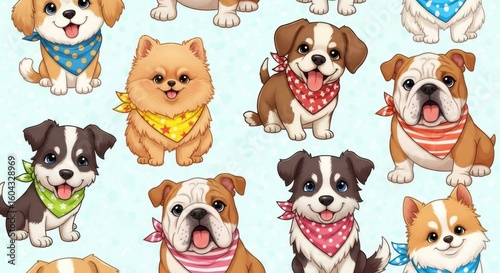 Cute Cartoon Puppies Different Breeds Wearing Colorful Bandanas Illustration
