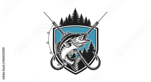 Fishing Logo with Hook, Fish, and Forest Design