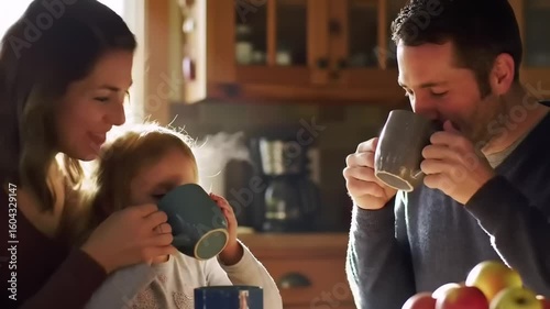Family enjoying warm beverages together in a cozy kitchen, with sunlight streaming through the window