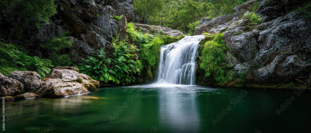 Naklejka premium Clear waterfall cascading into rocky basin surrounded by lush green foliage and trees, creating peaceful and refreshing natural scene with smooth water flow