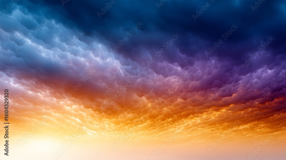 Fototapeta premium Panoramic evening sky with blue, white and orange clouds at sunset