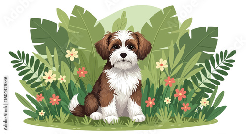 Cute Dog Sitting in the Garden with Flowers and Greenery