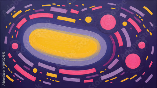 Abstract expressionist painting with yellow oval and pink circles on purple background vector