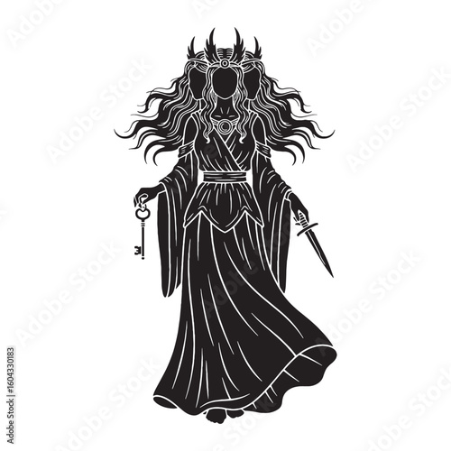 Triple-formed Hecate digital black silhouette, embodying her unique and powerful features – Hecate silhouette – Hecate Vector – Silhouette of Hecate – Greek goddess silhouette

