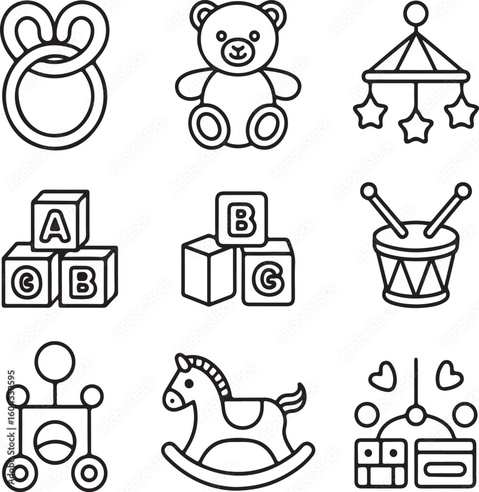 Fototapeta premium Infant Playthings Line Icon Pack Teether, Plush Toy, Baby Mobile, Blocks, Toy Drum, Rocking Horse, and Educational ToysInfant Playthings Line Icon Pack Teether, 