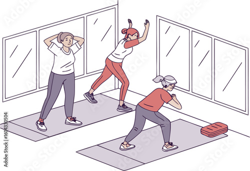 Three women engage in a dynamic fitness class performing various exercises in a brightly lit room with large windows emphasizing health and wellness