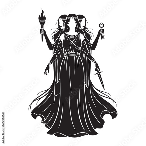 Crossroads Hecate black vector graphic, reflecting her liminal and transitional nature – Hecate silhouette – Hecate Vector – Silhouette of Hecate – Greek goddess silhouette

