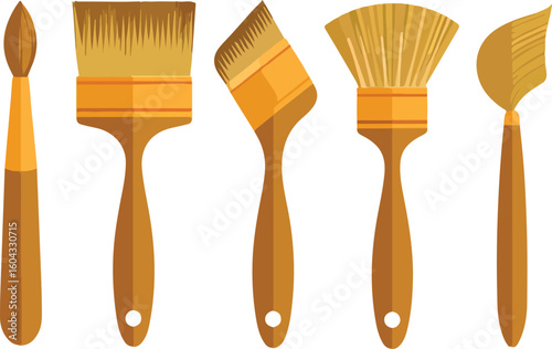 Assorted paint brushes with wooden handles and bristles tool craft style vector illustration EPS file download	